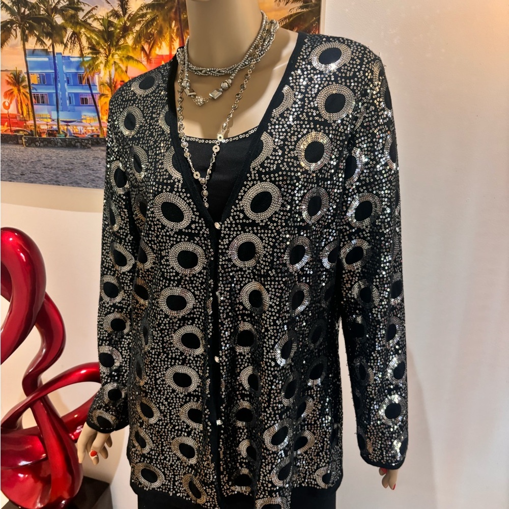 St. John Black Sequin Blazer twin set L 12  14 evening lightweight shimmer